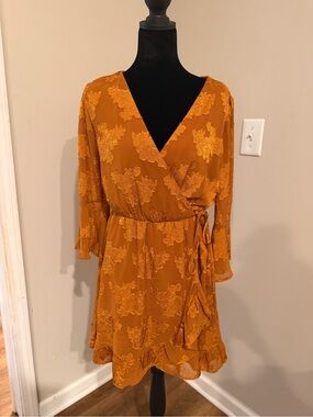 Allison & Kelly Mustard Yellow Wrap Dress with Floral Lace Appliqué